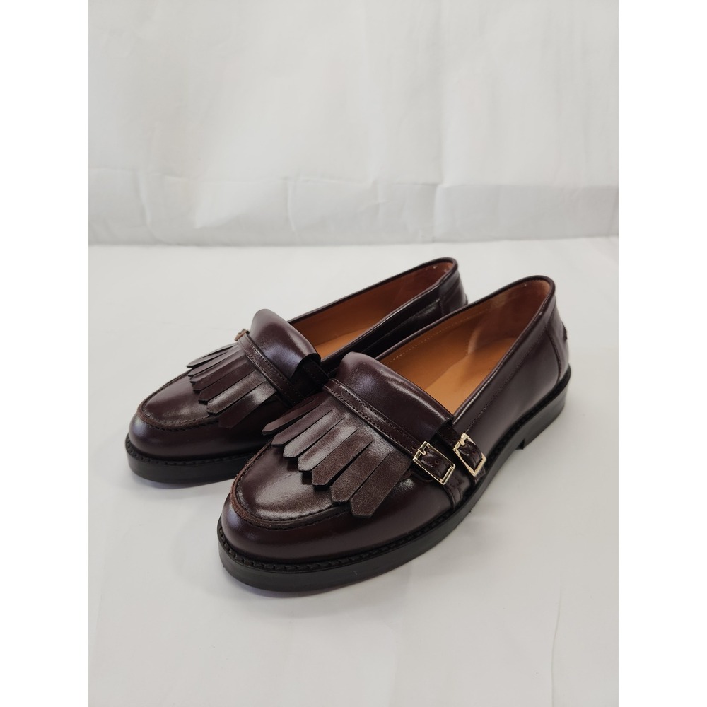 Sezane Kiltie Fringe Loafers 37 Burgundy Leather Monk Strap Flats Portugal